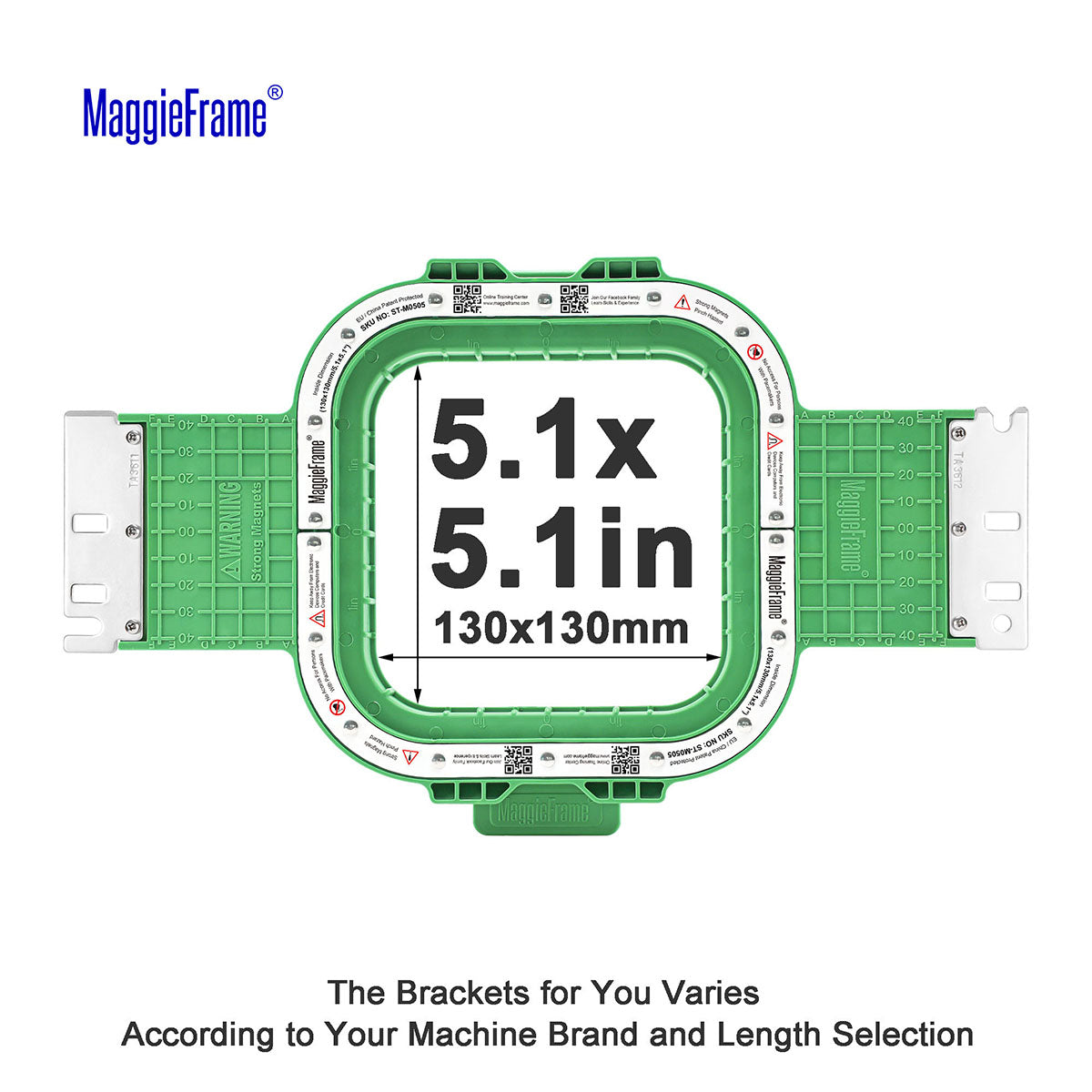 MaggieFrame 5.1x5.1 in (130x130mm) magnetic embroidery hoop – size chart