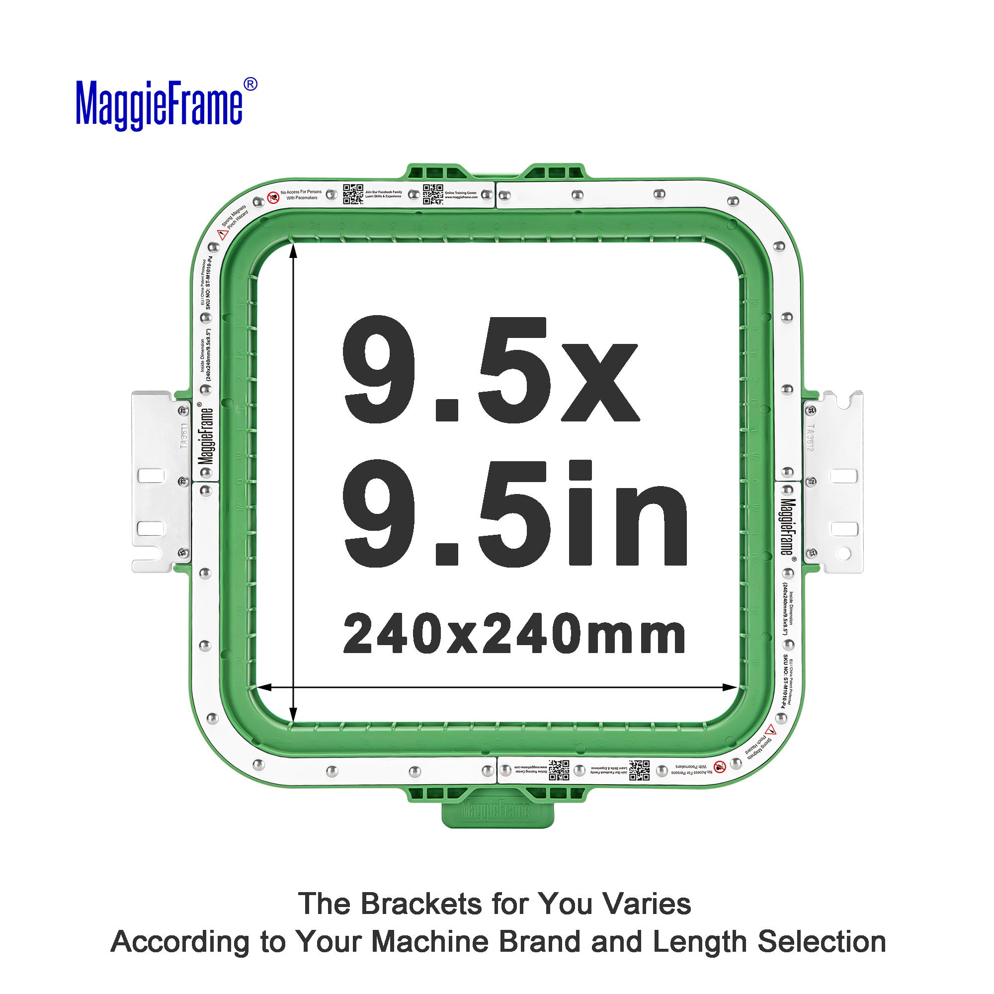 MaggieFrame 9.5x9.5 in (240x240mm) magnetic embroidery hoop – size chart