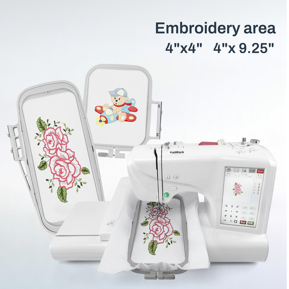 Maxtitch mini Computerized Home Embroidery Machine — 4″ × 9.25″ Large Hoop, 7″ Touchscreen, USB & Starter Accessories