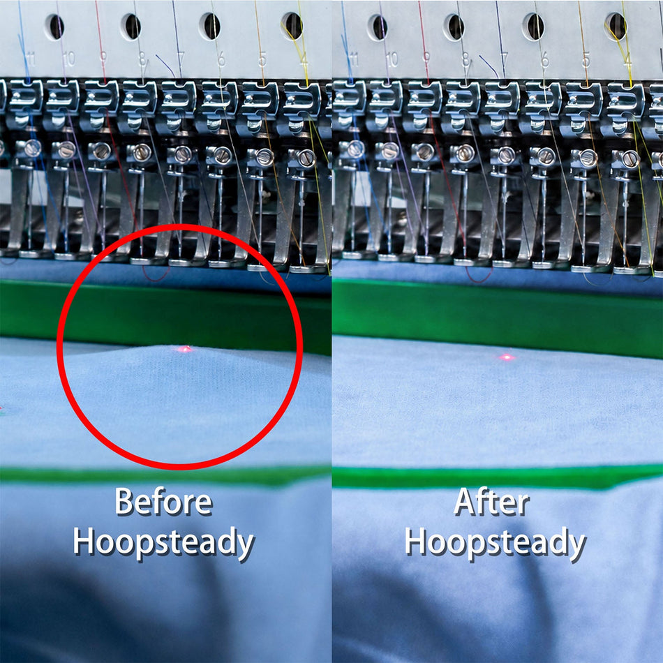 Green embroidery hoop and fabric shown before and after adding Hoopsteady support.