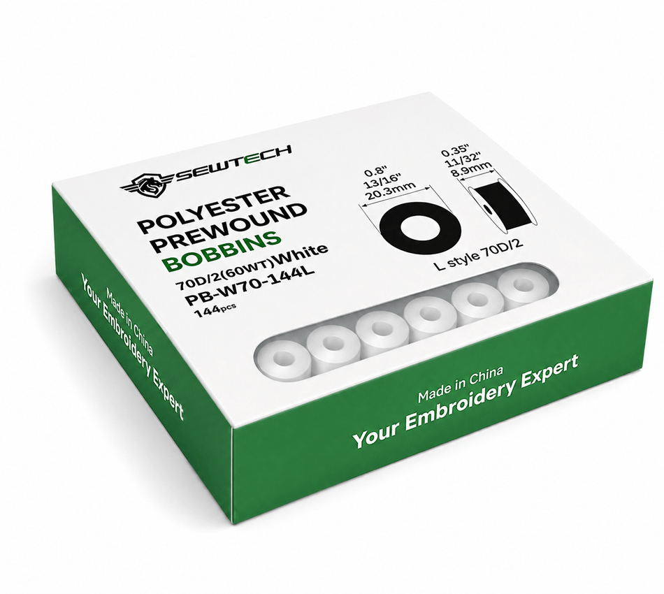 Sewtech Prewound Bobbins 144 pcs/box, 70D/2 60WT White Polyester Bobbin Thread,  Size L (SA155)