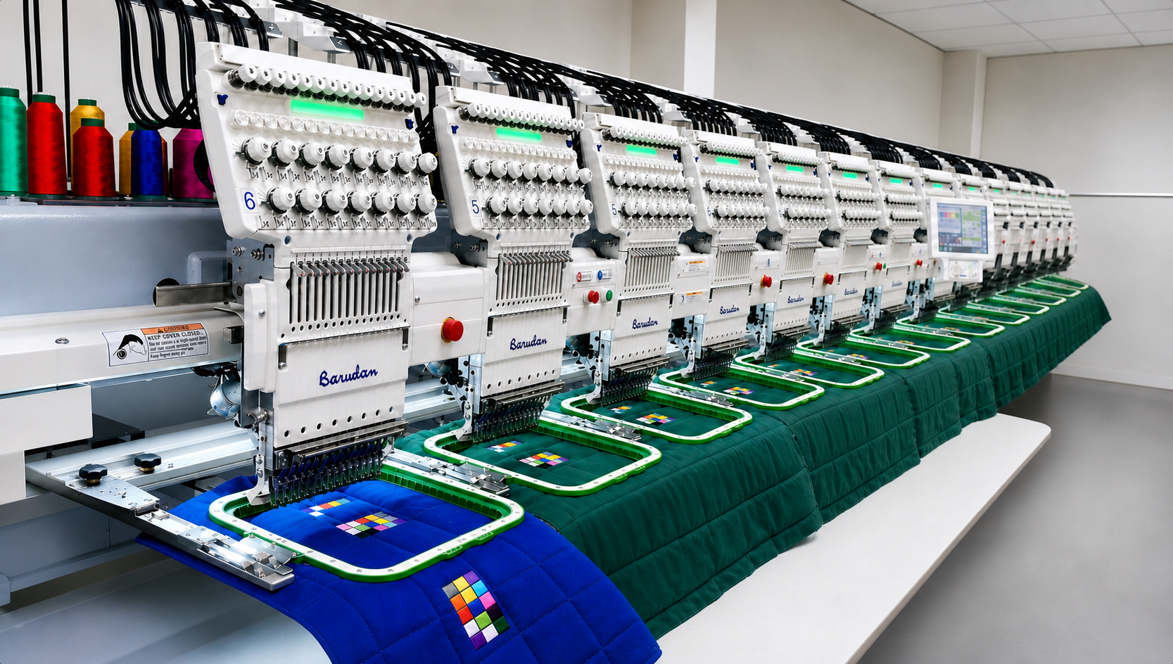 Barudan embroidery machines with green MaggieFrame magnetic hoops in a production room
